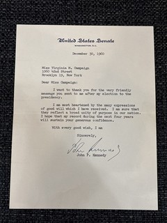 John F. Kennedy Signed United States senate Letter & Envelope 12/30/1960