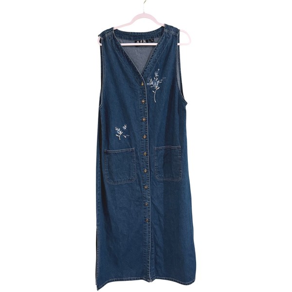 Vintage Denim Maxi Overall Dress XL Modest Floral Embroidered Pinafore Jumper