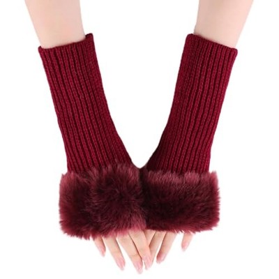 Winter Women Fingerless Gloves Knitted Arm Warmers Hand Mittens Wine Red