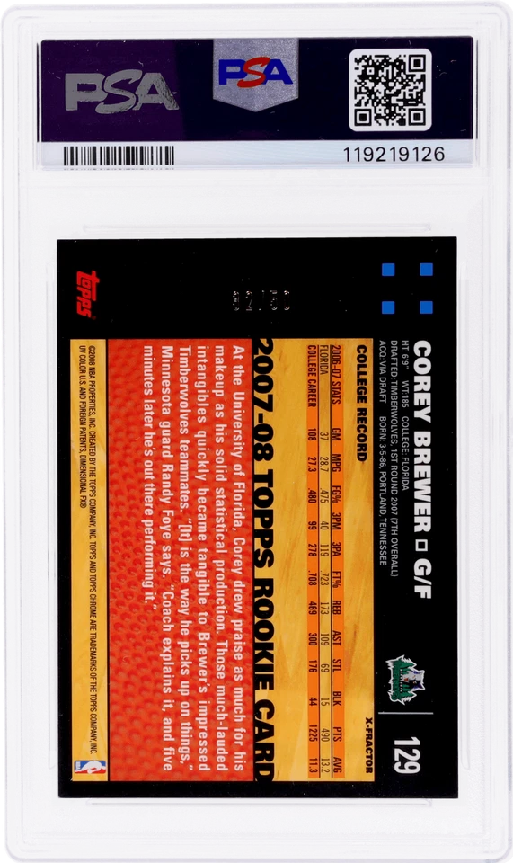2007 Topps Chrome Corey Brewer Xfractor #129 /50 PSA 8 Rookie RC - Image 2 of 2