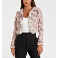 Mac Duggal 20801 Red and White Jacket Tweed Pearl Trim Cropped Blazer Size Large