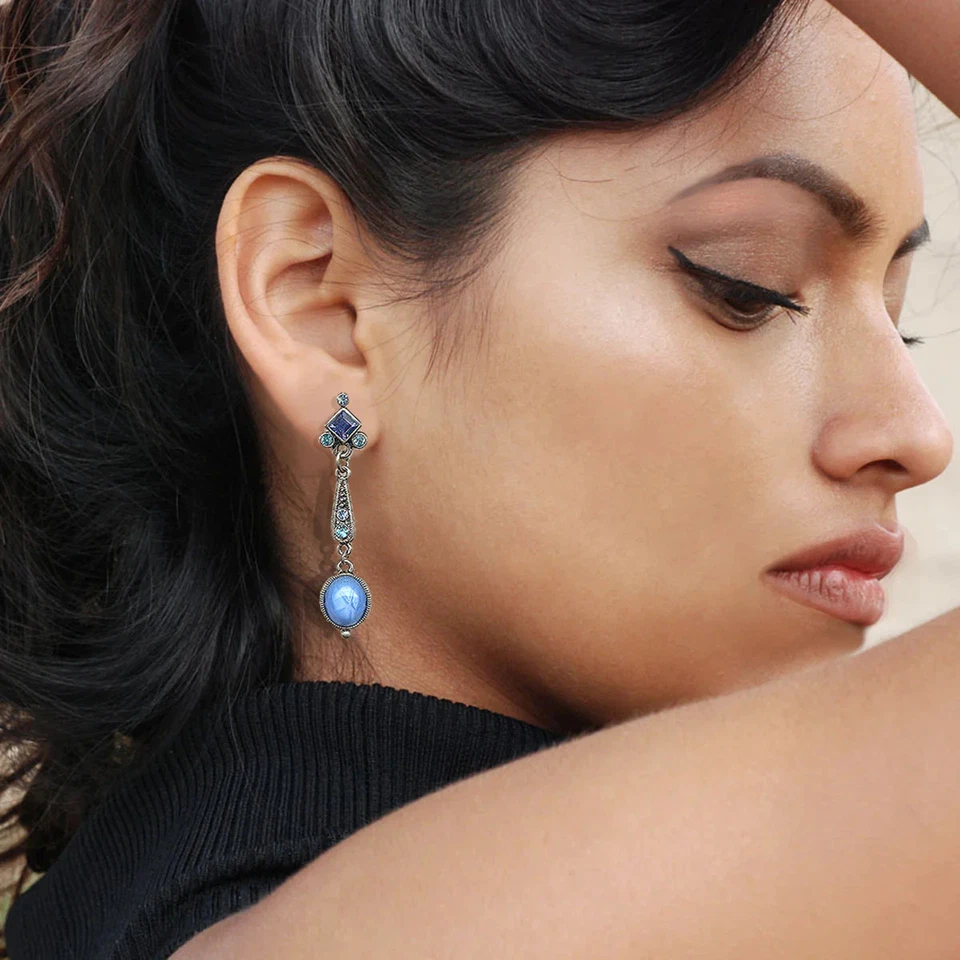 Pendientes de vidrio vintage azul Art Deco E370 Foto 2 de 4