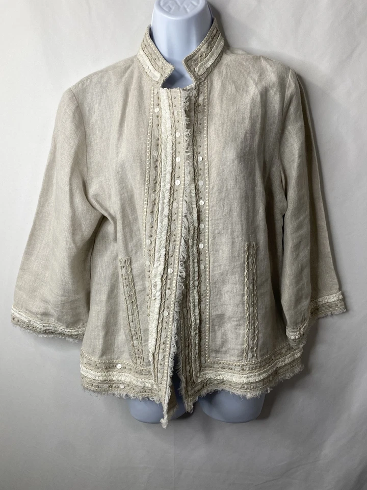 Blazer Chico’s Mujer Lino Talla 2 Vintage Adorno Indio Cottagecore Folk Foto 2 de 4