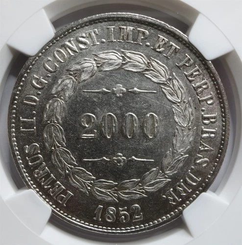 BRAZIL Empire 2000 Reis 1852 NGC UNC Details Silver Crown Pedro II Real Wreath