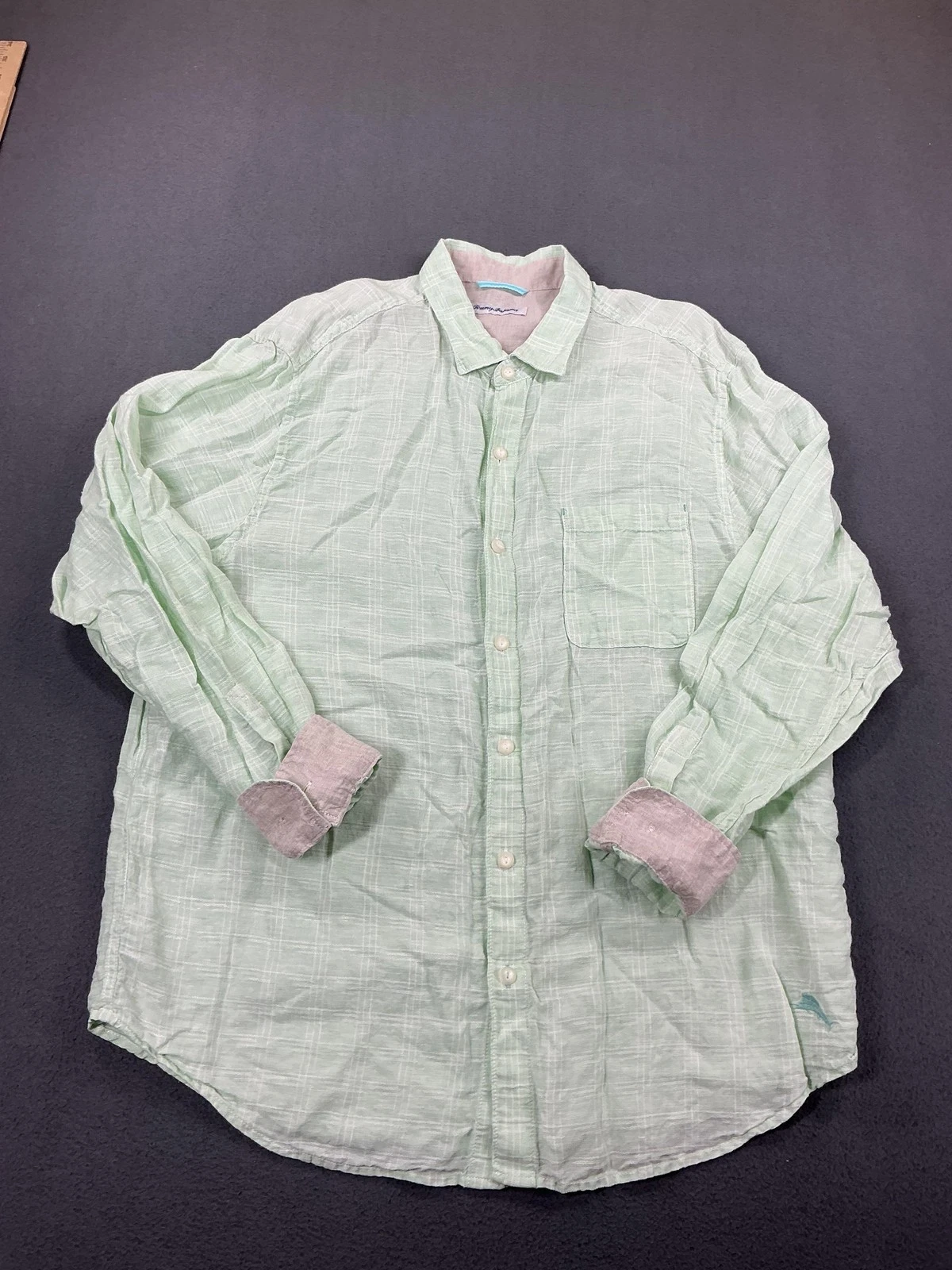 Tommy Bahama Shirt Mens XL Green Linen Plaid Long Sleeve Button Up Marlin Logo