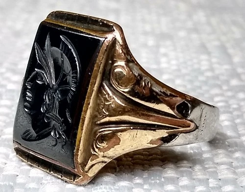 9.5 Vintage Ring Sterling & 10k Gold Intaglio Hematite Gladiator Roman Soldier