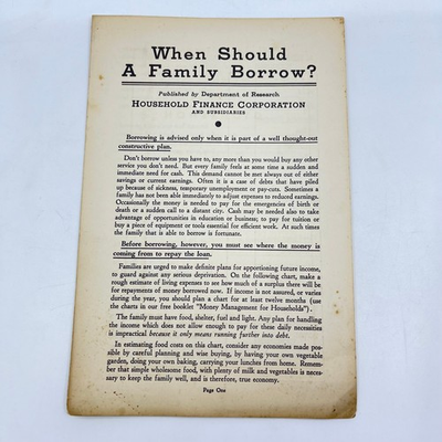 #ad #ad 1934 Pamphlet When Should a Family Borrow? Household Finance Corporation AB3 $6.00