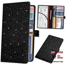 Car Registration and Insurance Holder, Magnetic Closure Style Glitter Black