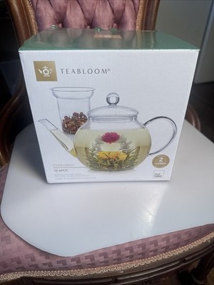 Teabloom Celebration Glass Teapot 40oz w/ Infuser & 2 Blooming Tea Flowers NIB