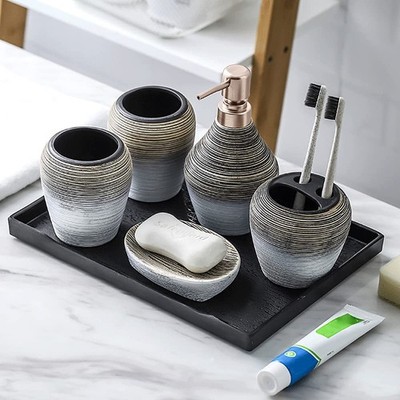 Ceramics Bathroom Accessories Set 6Piece Bath Ensemble for Decorative Countertop