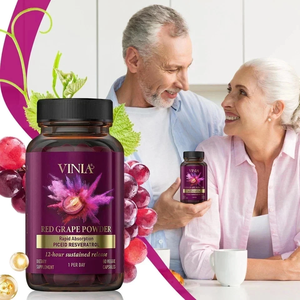 3 Paquetes Vinia Polvo de Uva Roja Absorción Rápida Piceid Resveratrol 180 Cápsulas. Foto 4 de 4