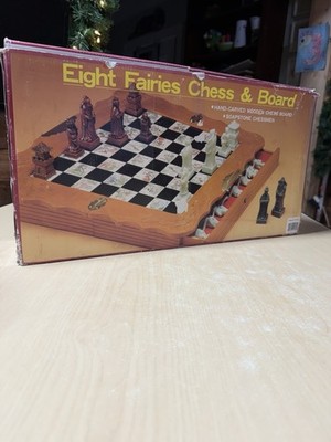 VTG Eight Fairies 8 Fairy Chess Set Hand Carved Wood Board Asian Tile Soapstone