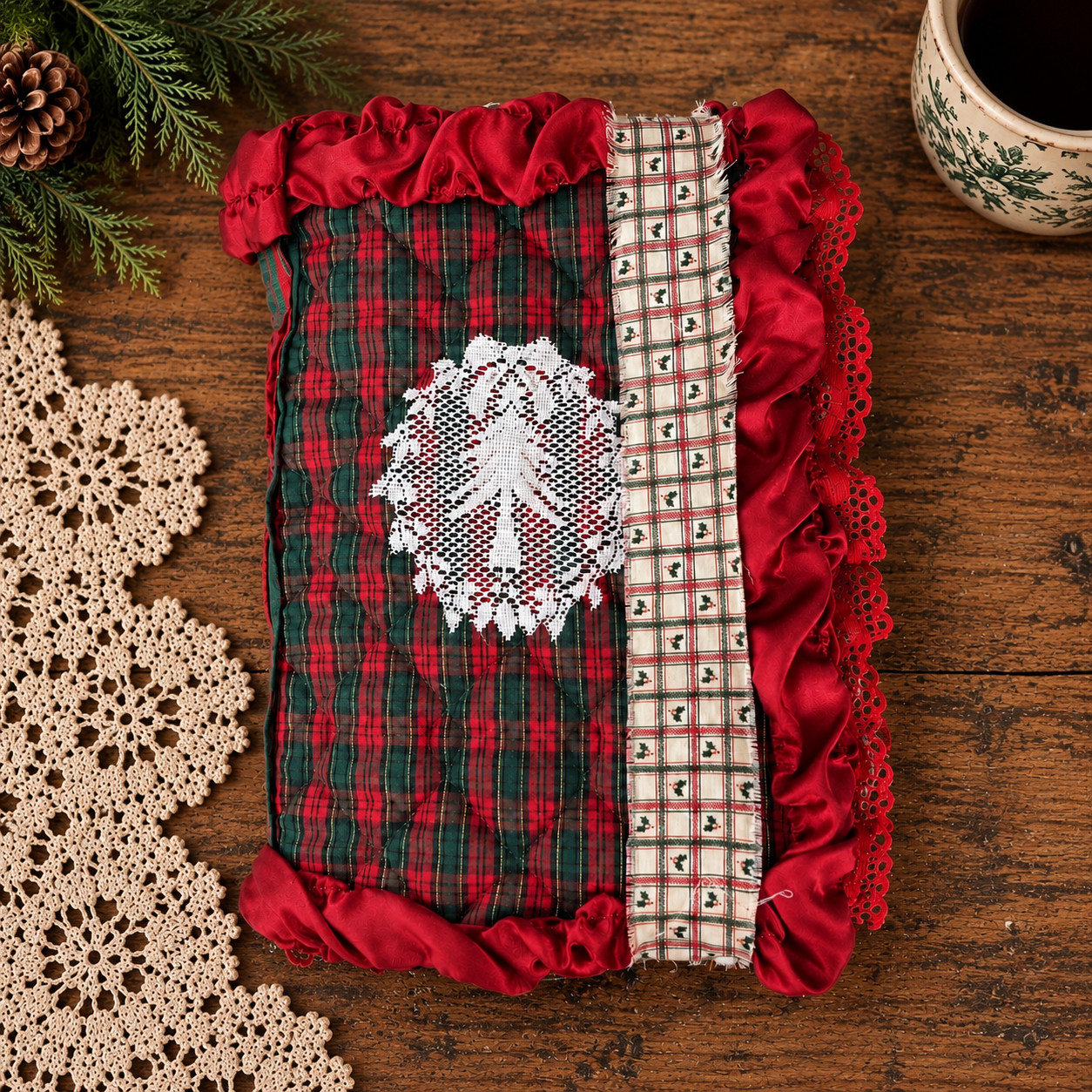 Handmade Christmas Junk Journal Vintage Fabric Plaid 86 Page Holiday Art Journal