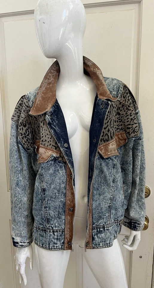 WINLIT Vtg! 80's Acid Wash Denim Animal Print LEATHER Distressed Bomber Jacket L - Image 3 of 4