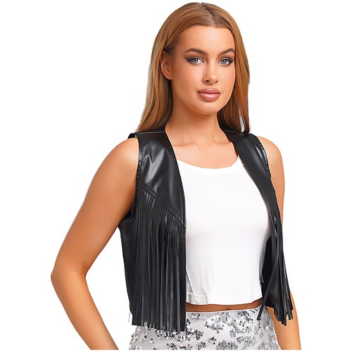 Women's Sleeveless Faux Leather Fringe Vest Waistcoat for Western Party Looks - Picture 11 of 27