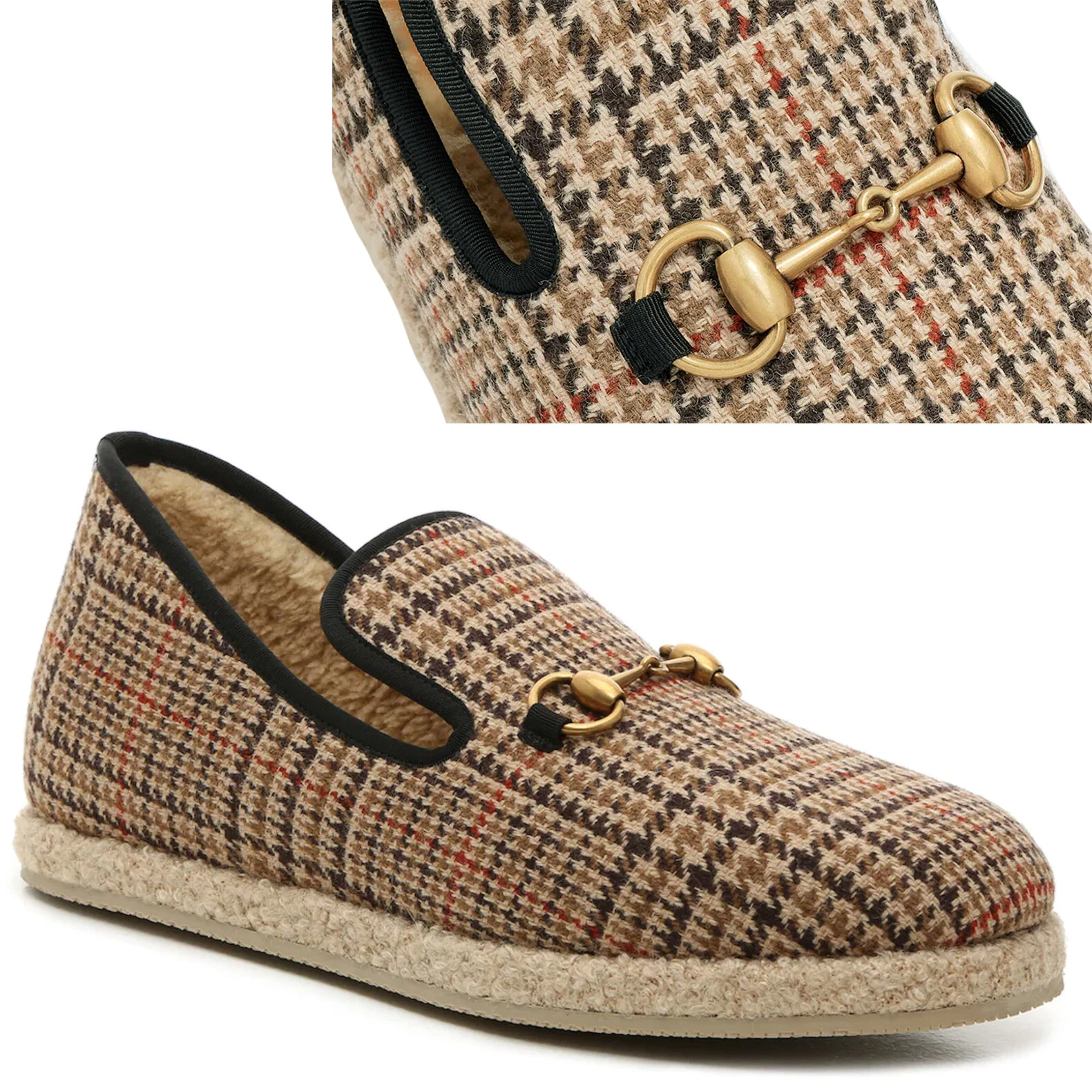 CHAUSSURES GUCCI MOCASSINS HOMME TWEED FRIA LAINE MÉRINOS PEAU DE MOUTON MORS DE CHEVAL taille 7 7,5