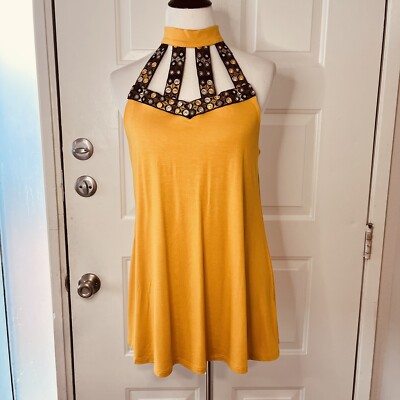 Cupio Sleeveless Top Size L Yellow Gold High Cage Neck A-Line Shelf Bra