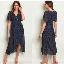 Navy Floral Print Midi Dress