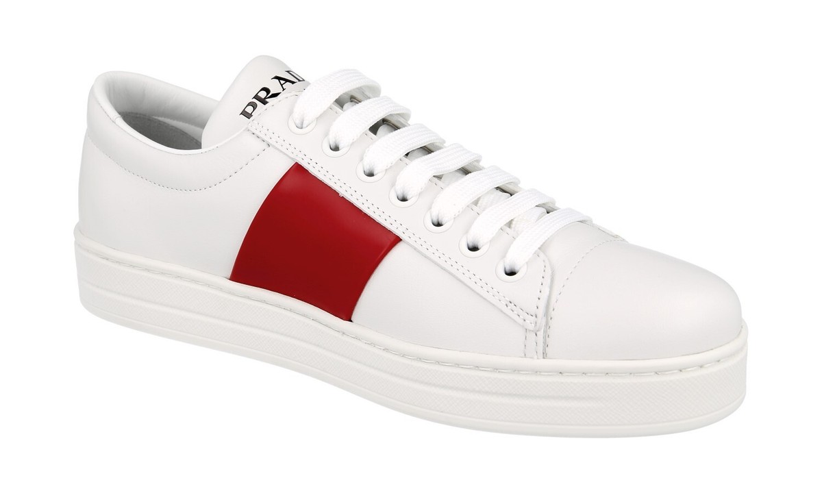 PRADA SNEAKERS SHOES 1E144N WHITE RED STRIPE LEATHER NEW | eBay