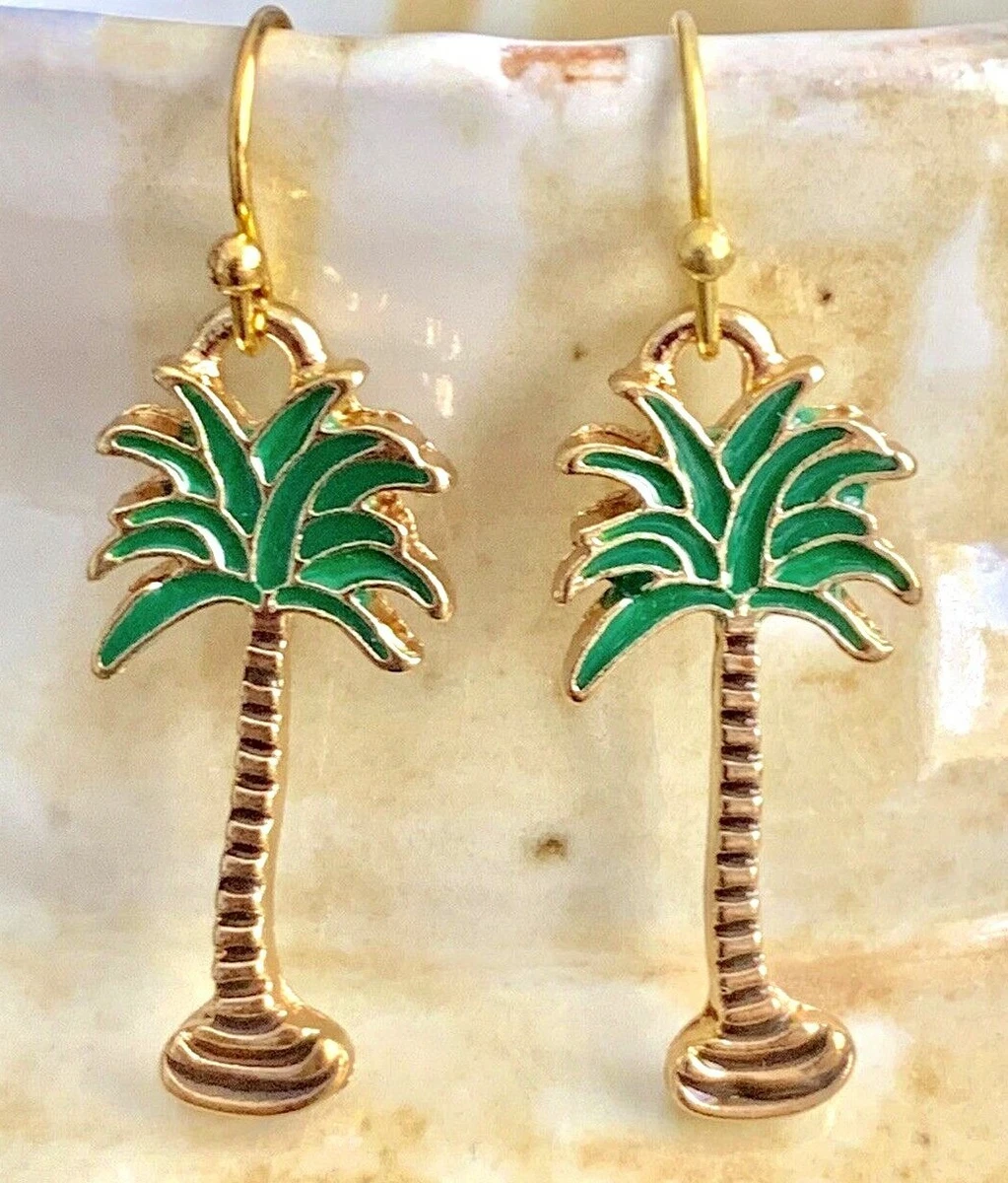 Beautiful Green and Gold Palm Tree Dangle Earrings. Tropical. Vacation. Beach