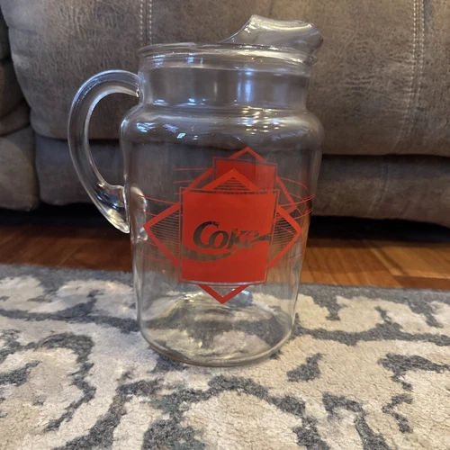 Vintage Heavy Glass Coca-Cola 2 QT. Pitcher Red Diamond Coke Design with Ice Lip