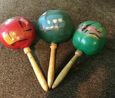 Vintage 3 vintage carved  painted Wood Maracas 1944