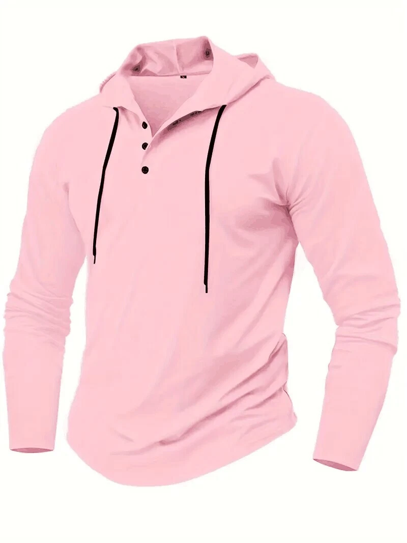 Long Sleeve Solid Color Hooded Sports shirt with Drawstring and Button Pink - Picture 1 of 4