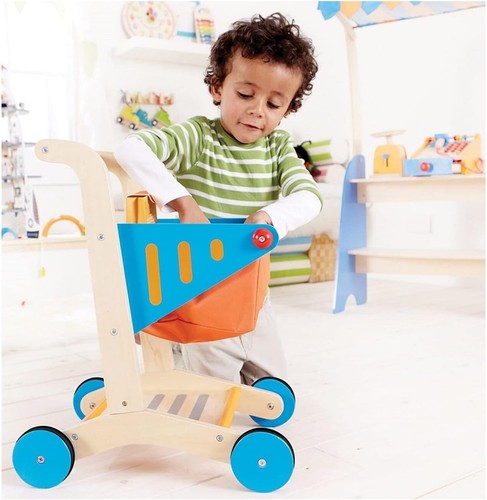 Toddler-Sized Wooden Shopping Cart - Safe Toy for Role Play and Coordination - Picture 9 of 10