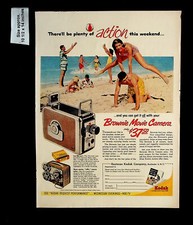 1955 Kodak Brownie Movie Camera Action Woman Man Swimsuit Vintage Print Ad 33498