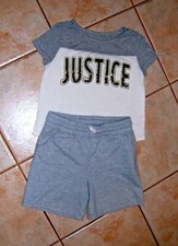 GIRLS JUSTICE SEQUIN  BEADED LOGO SHIRT  CAT  JACK SHORTS OUTFIT SZ 12