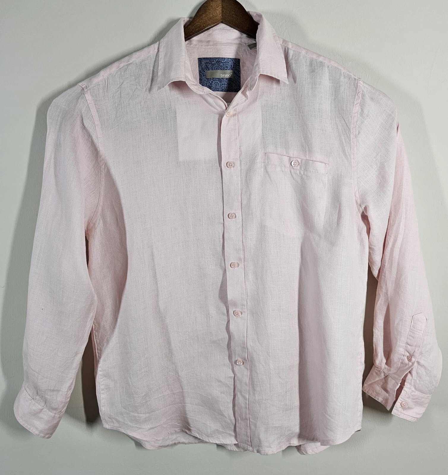 Bruno 100% Linen Long Sleeve Light Pink Button Up Pocket Shirt Size XL (46 x30)
