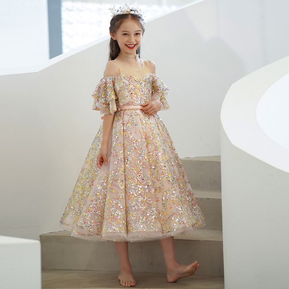 Glitter Sequins Ruffle Sleeves Long Ball Gown Dress Evening 