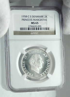 1958年 デンマーク 2クローネ プリンセス・マルグレーテ　NGC MS 64 1958 DENMARK Frederick IX Princess Margrethe Genuine Silver 2 Kr