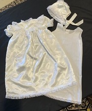 Vtg CHRISTENING SET Madonna Satin Feel White Embellished Lace Gown Bonnet Slip