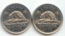 Canada 2008 x2 Five Cent Canadian Nickels Nickel 5c Exact Lot - 2 Coins
