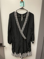 Ladies Loft Black Faux Wrap Long Sleeve Dress with White Lace Detail - Size M