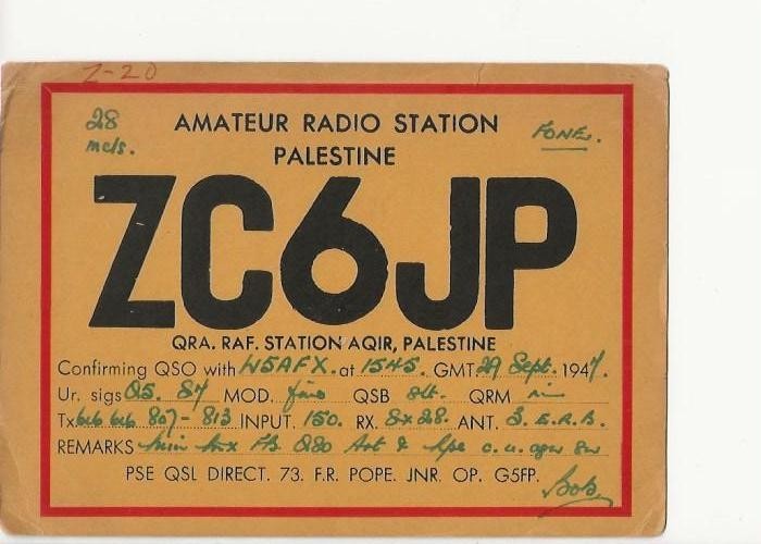 1947  ZC6JP   RAF. Station Aqir  Palestine  (deleted)  QSL radio postcard