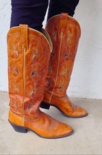VTG Acme Inlay Flowers Western Cowboy Boots USA Made Brown Rockabilly Womens 8.5
