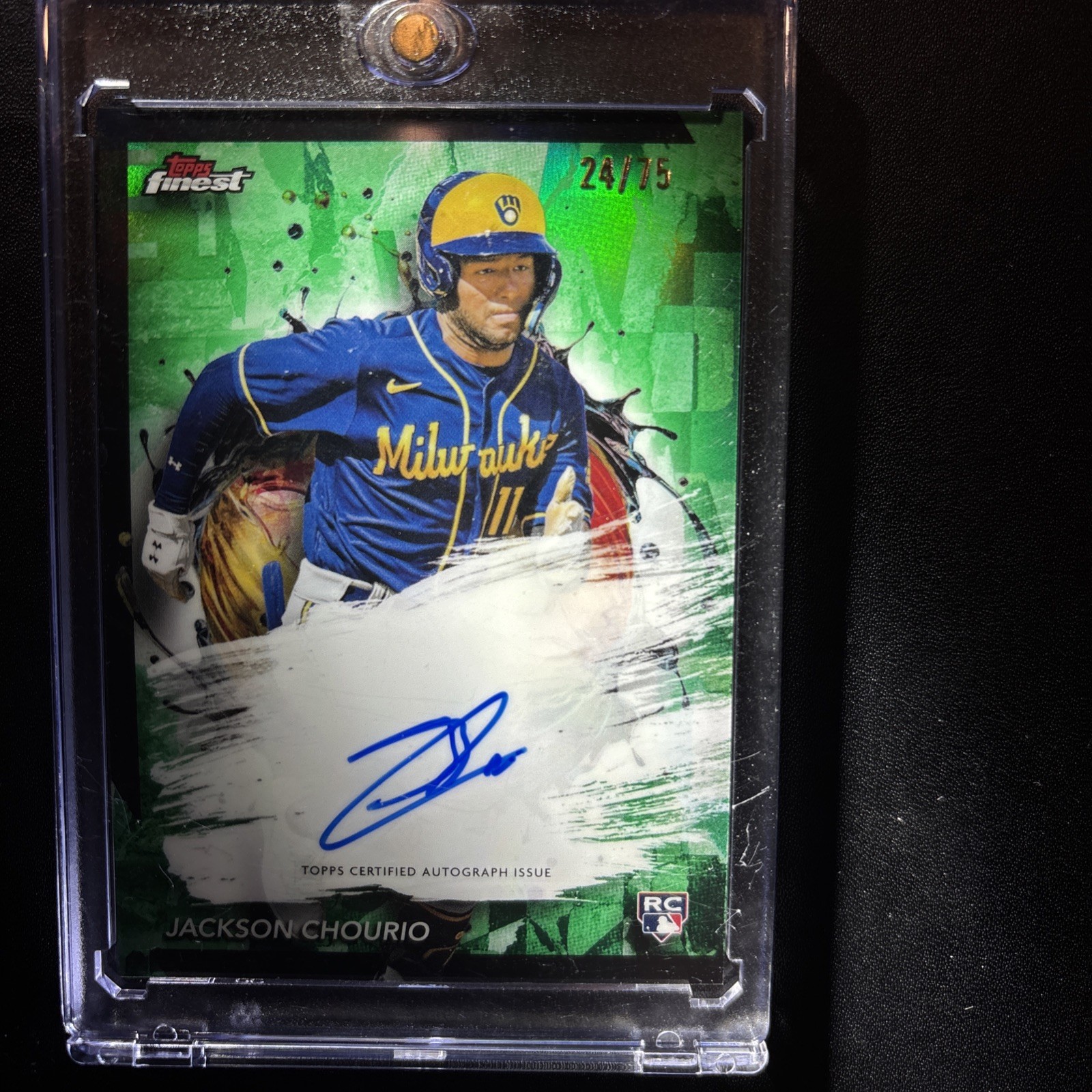 2024 Topps Finest - Jackson Chourio #FA-JC Green Refractor /75 On Card Auto