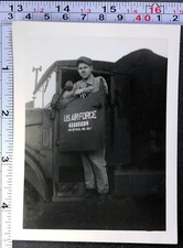 Air Force Soldier Portrait with Military Truck Transport BW Photo Snapshot