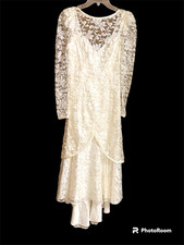 Vintage 80s White Lace Overlay Midi Dress XS Wedding Cocktail Tea Dress