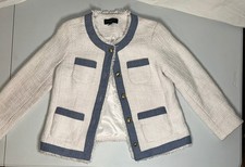 Talbots Petites White Denim Tweed Blazer Jacket Size 4P Button Up Fringed Chic