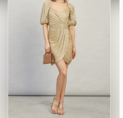 NWT$495 Jonathan Simkhai Nina Plissé Metallic Mini Dress Gold Sz 10