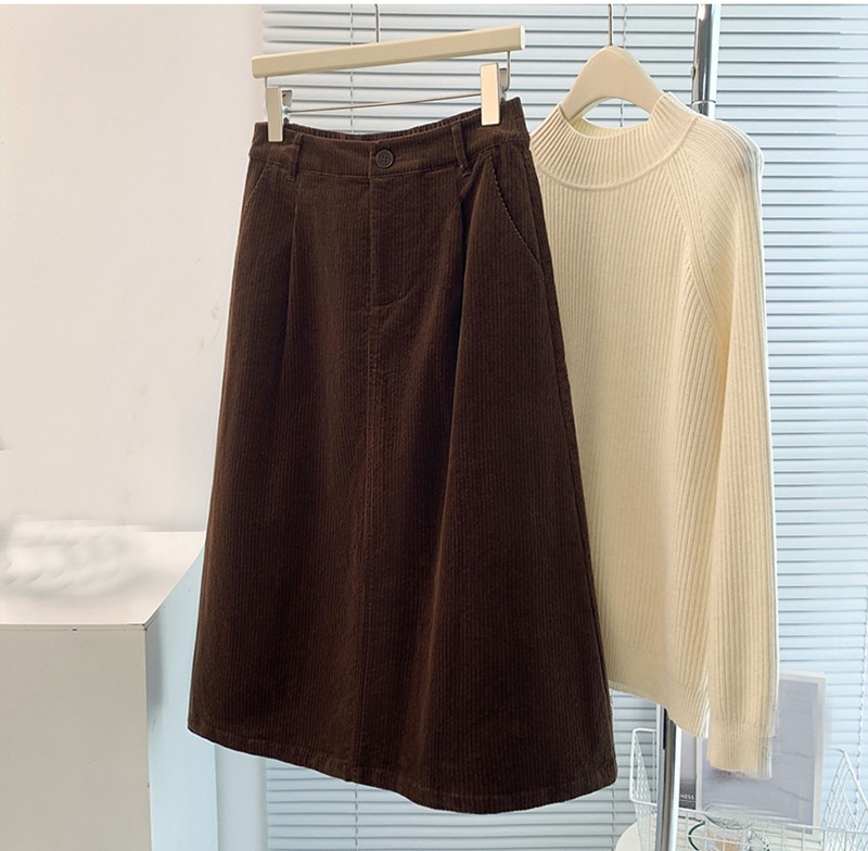 Japanese Autumn Winter Womens A-Line Loose Skirts Casual Corduroy Long Skirts