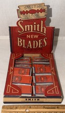 ANTIQUE SMITH'S SAFETY RAZOR SHAVING BLADES ORIGINAL RED DISPLAY BOX BARBER