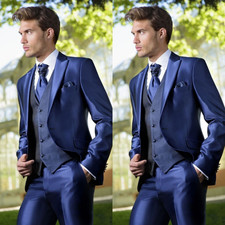 Silk Satin Men Suit Peak Lapel Formal Wedding Party Business 2 Pcs Blue Jacket