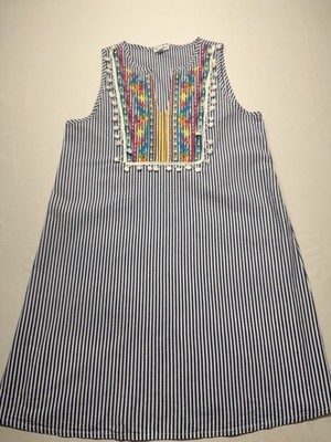 Love Fire Womens M Blue White Striped Embroidered Sleeveless Shift Dress Boho