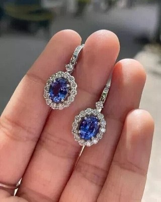 2Ct Oval Cut Simulated Tanzanite Drop Dangle Earrings 14k White Gold Plated