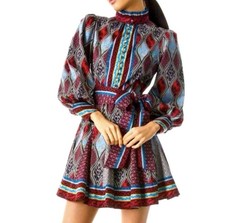 Alice + Olivia Mina Button Front Mini Printed Dress Puff Sleeve Tie Waist Size 0