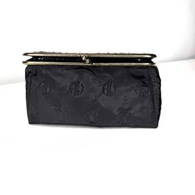 Adrienne Vittadini Vintage Black Cosmetic Bag Make Up Mirror Kiss Lock Embossed 